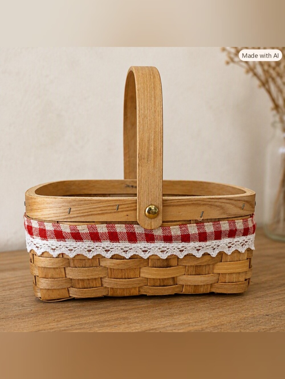 Cottagecore Woven Basket with Red Gingham and Lace Trim